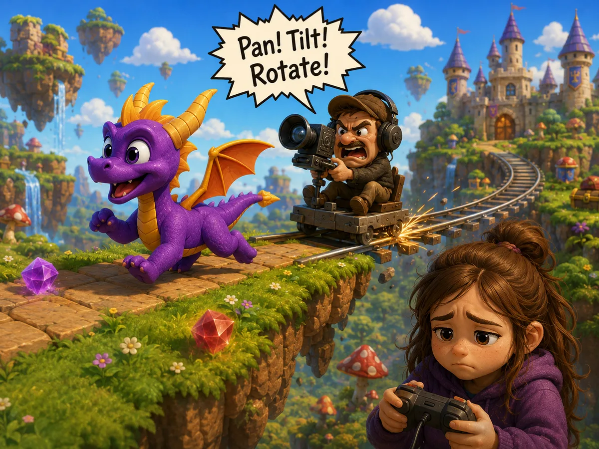A child holding a controller while a grumpy camera operator shouts pan, tilt, and rotate at a running purple dragon.