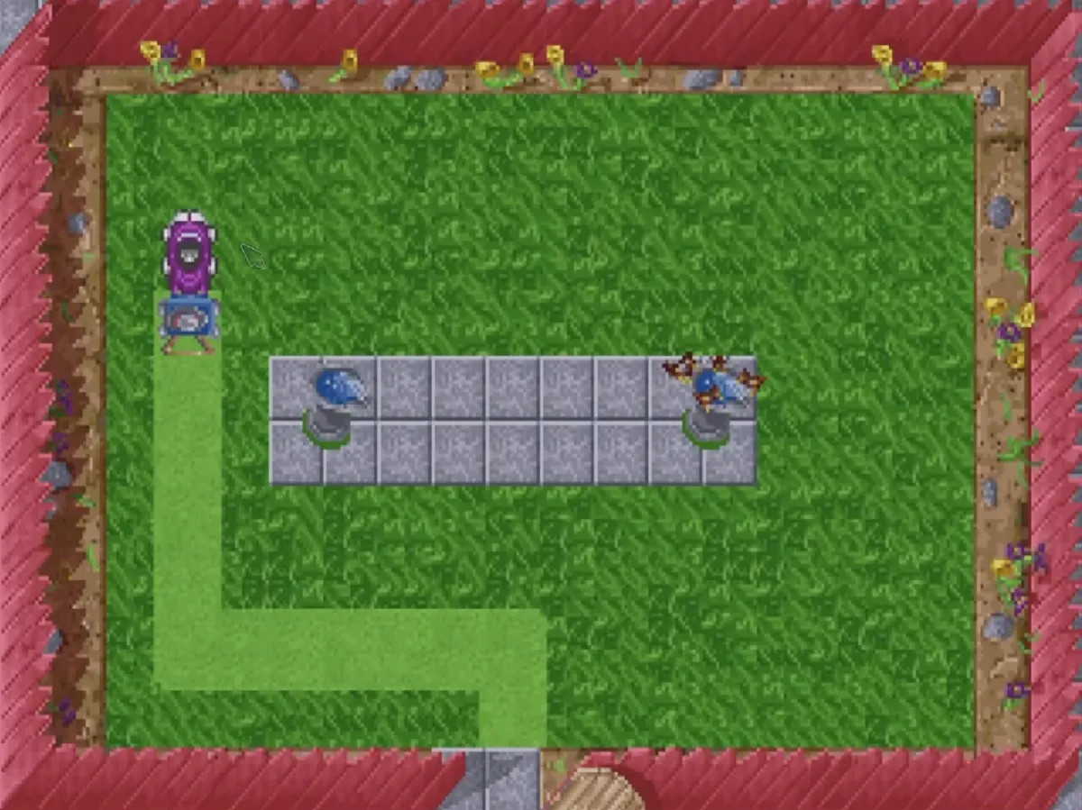 Putt-Putt mowing lawns in a pixel-art garden on a tablet through ScummVM.