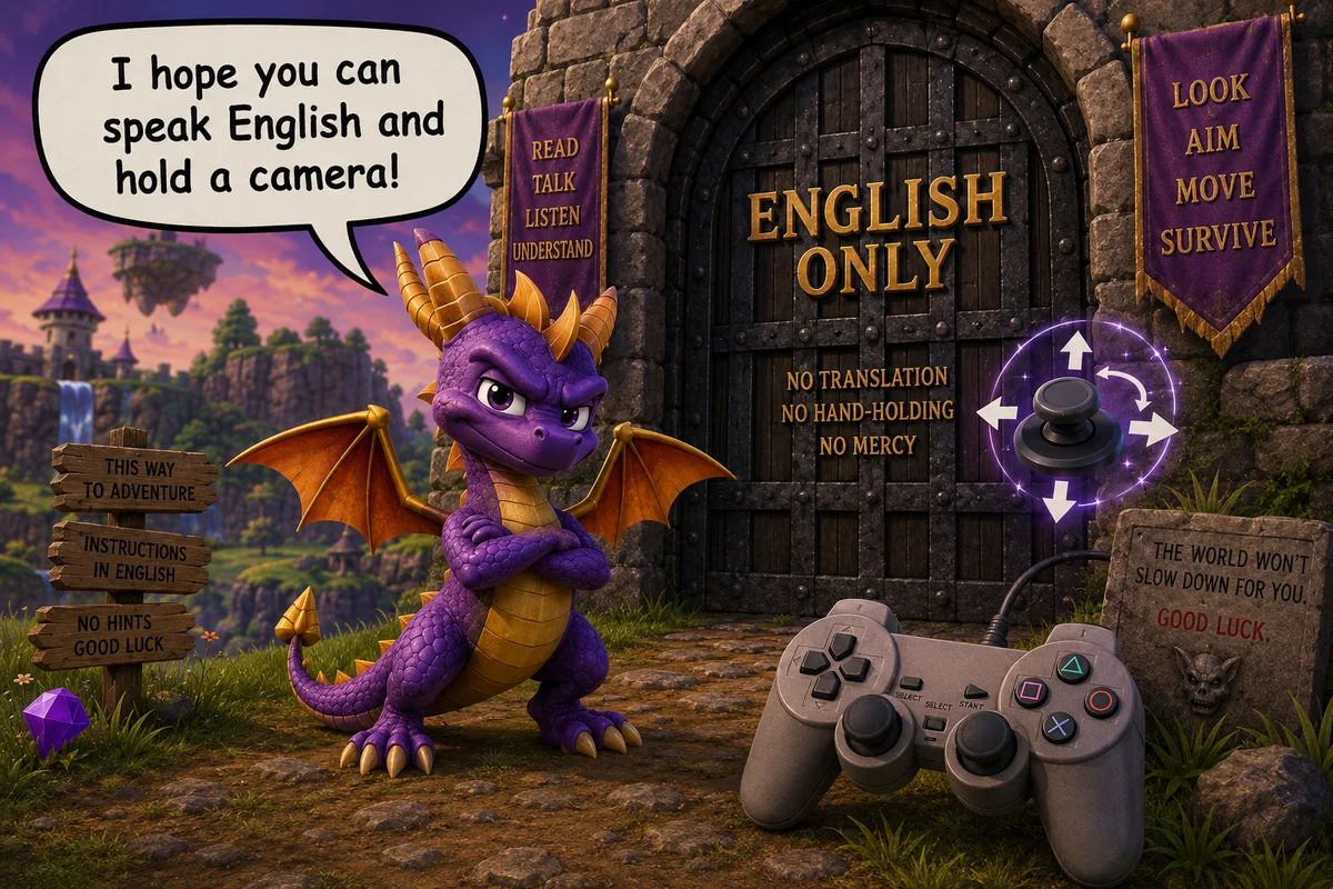 A young purple dragon standing before a fantasy gate labelled English only, with banners listing reading and camera-control demands.